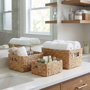Hot Sale Handwoven <b>Basket</b> Water Hyacinth <b>Foldable</b> Storage Wicker <b>Basket</b> Organizer Storage Box Utility Cabinet <b>Basket</b> - Product Image 1