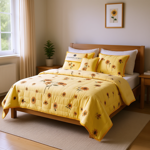 Juego de Edredón Queen Size con Sábanas, Diseño de Girasoles, Algodón Bordado, Estilo Pastoral, Ropa de Cama para el Hogar, 4 Piezas, para Todas las Temporadas - Product Image 2