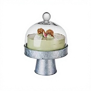 Latest Design Galvanized <b>Cake</b> Stand With Glass Lid Bestest Quality Round Shape Dessert Serving Stand In India - Product Image 1