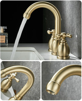 Robinet de lavabo double poignée en laiton massif brossé or, 3 trous, eau chaude et froide, style européen, pour lavabo de salle de bain