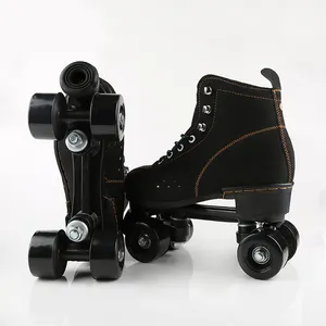 Kids Children Unisex Double Line Indoor Quad Parallel Skates Shoes Boots 4 PU Wheels Black With Brake Breathable Lace-up