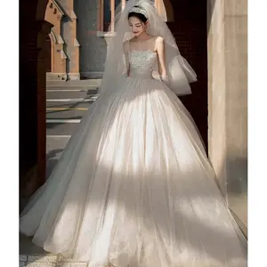 Luxury Tulle Wedding Dress New Applique Bridal Tube Top Temperament Trailing Dress Summer French Style Ball Gown