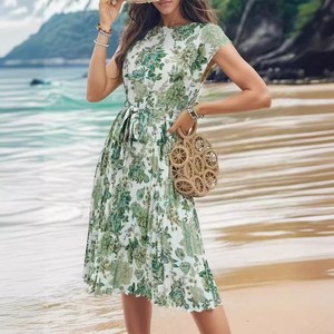 Summer New Women's Short Sleeve Printed Dress Round Neck Waist Trimming Large Swing Skirt - Product Image 3