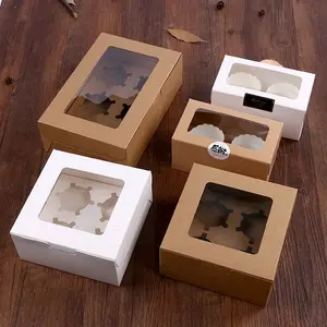 Kotak Kue Kertas Kraft Daur Ulang Kustom Harga Murah untuk Roti, Kemasan Kue Cupcake dengan Jendela Plastik Bening