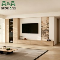 Nouvelle colonne d'affichage lumineuse murale TV de style chinois avec panneau artistique paysage à l'encre et base en bois avec tiroirs
