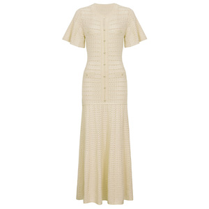 Abito Lungo in <span class=keywords><strong>Maglia</strong></span> con <span class=keywords><strong>Bottoni</strong></span> Decorativi, Stile Francese, Maniche Corte, Collo Tondo, Elegante e Casual per Ufficio - Product Image 1