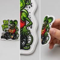 Patchs thermocollants personnalisés en polyester découpés à la forme, motif Rétro Rat Rod Biker Art, avec bordure Merrow, pour vestes, casquettes, gilets, OEM