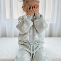 Ensemble de tricot jacquard à marguerite bleue pour filles pull à manches longues et col rond avec cordon de serrage et pantalon à jambes larges