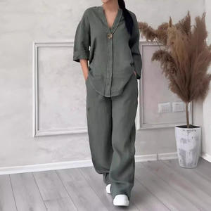 Completo <span class=keywords><strong>Set</strong></span> <span class=keywords><strong>Donna</strong></span> in Cotone <span class=keywords><strong>Lino</strong></span> con Pantaloni a Maniche Lunghe e Scollo a V, Nuova Collezione Autunno 2026 - Ingrosso Boutique - Product Image 3