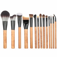 Ensemble de 14 pinceaux de maquillage en bois massif pour le visage et les yeux, fard à paupières, blush, contouring, estompage, nez, fond de teint - Idéal pour les débutants - Poils doux