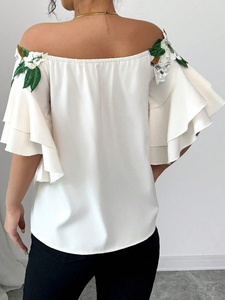 <span class=keywords><strong>Blusa</strong></span> con Bordado Floral, Hombros Descubiertos, Mangas con Volantes, Elegante, para <span class=keywords><strong>Fiesta</strong></span>, <span class=keywords><strong>Blusa</strong></span> <span class=keywords><strong>Blanca</strong></span> Informal para <span class=keywords><strong>Mujer</strong></span> - Product Image 5