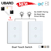 Interruptor Táctil UBARO 118 de 2 Vías y 2 Botones, Cableado Directo, Reemplaza Interruptores Tradicionales de Dos Vías, Sin WiFi, Sin Emparejamiento, para Escaleras, Dormitorios, Interruptores de Vidrio