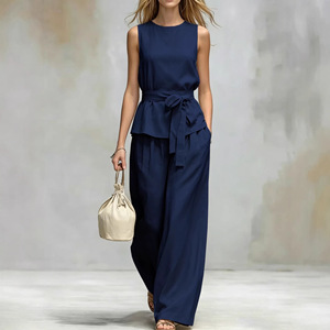 Conjunto de 2 Piezas para Mujer, Top sin Mangas con Cinturón y Pantalones Anchos de Cintura Alta, Elegante y Neutral, Ideal para la Oficina y <span class=keywords><strong>el</strong></span> Viernes Informal - Product Image 6