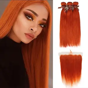 30 Inch Virgin Human Hair Bundles And Transparent Lace Frontal Ginger Orange Straight Bundles With Lace Frontal