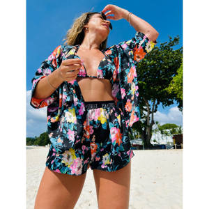 Camicia aperta floreale fatta a mano in raso nero - Product Image 4