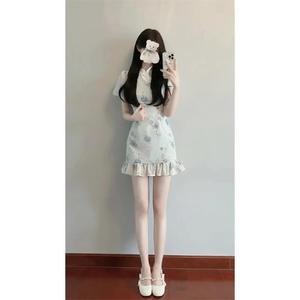 Modern Chinese Style Cheongsam Dress Blue Flower Floral Print Mandarin Collar Tight Waist Daily Wear Casual Dress - Product Image 2