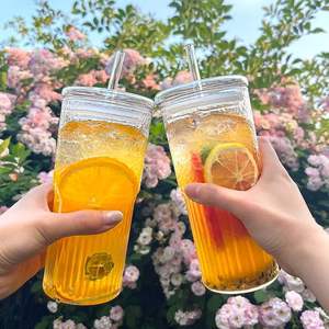 Alta borosilicato verticale a strisce di vetro trasparente tazza per bere con disegno e coperchio di vetro - Product Image 5