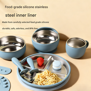 Conjunto de Alimentação para Bebês em Silicone e Aço Inoxidável, Livre de BPA, com Babador, Colher, Garfo, Tigela e Prato, Isolado com Parede Dupla - Product Image 5