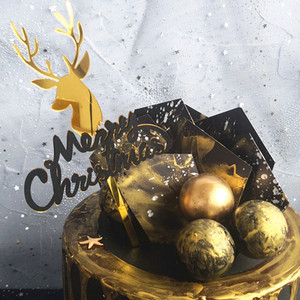 Adorno Acrílico Negro y Dorado para Pastel de Navidad con Diseño de Astas de Reno, Letrero DIY para Postres de Feliz Navidad, Regalos de <span class=keywords><strong>Año</strong></span> <span class=keywords><strong>Nuevo</strong></span> - Product Image 1