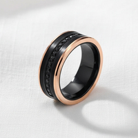 Bague de mariage unisexe en carbure de tungstène noir brossé de haute qualité 8 mm avec incrustation de zircone cubique noire et bord biseauté en or rose – Cadeau