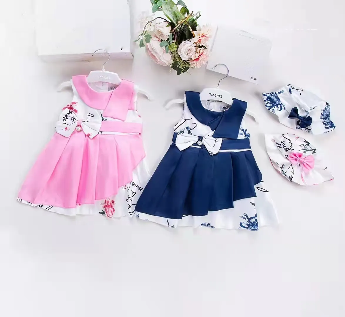 Wholesale Summer little girls fashionable clothes Sweet Lace birthday dresses for kids With Hat O-Neck baby girl dresses