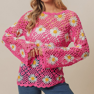 Suéter de punto calado con diseño floral de margaritas para mujer, manga acampanada, estilo bohemio, rosa, top de verano, jersey, cubrebaño de <span class=keywords><strong>playa</strong></span> - Product Image 4