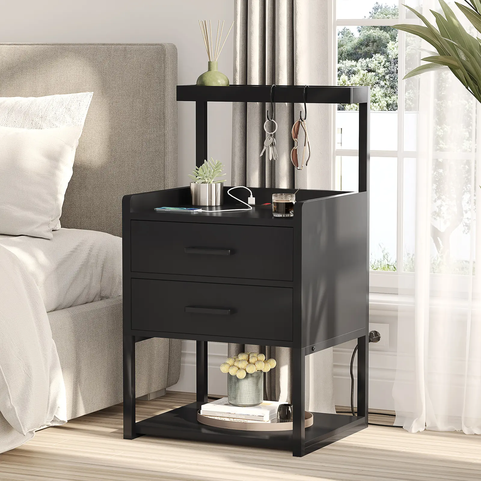 Nightstand with Charging Station and LED Lights Bedside Night Stands Modern End Side Tables for Bedroom