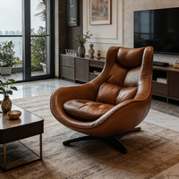Fauteuil pivotant en cuir marron : coussin capitonné, siège confortable pour salon