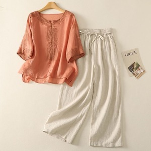 Women Cotton <b>Linen</b> Two Piece <b>Set</b> O Neck Embroidered Loose Fit Wide Leg Pants Breathable Leisure Wear - Product Image 4