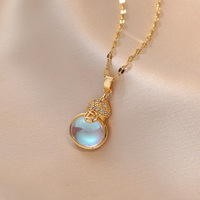 Collier en acier inoxydable plaqué or 18 carats avec pendentif gourde en zircone Aurora et breloque porte-bonheur Wu Lou, chaîne à maillons pour femme