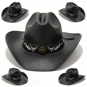 Cappello da Cowboy Traspirante in Carta con Ricamo Toro e Fascia in Pelle Scamosciata, Tesa Larga, Stile Casual Western, Cappello da Sole Estivo per Uomo Donna ODM/OEM - Product Image 1