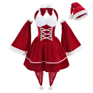 Fantasia de Halloween para meninas, fantasia de cabeleireiro com chapéu de Papai Noel, fantasia de Papai Noel para festas e feriados, moda sexy