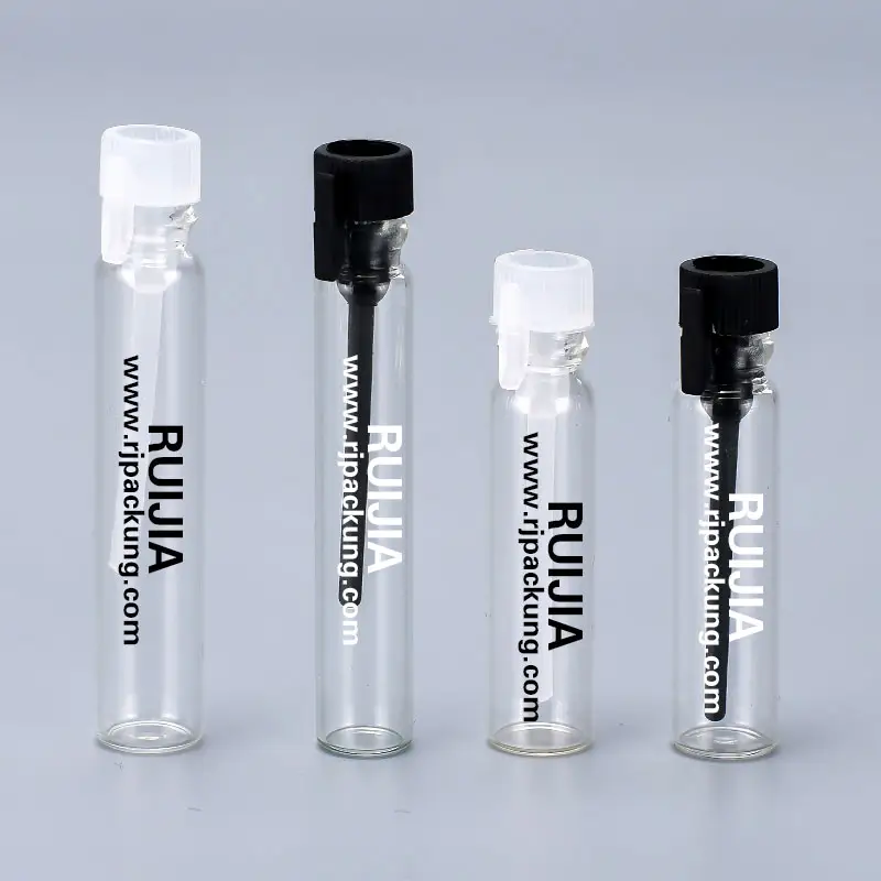 Stock 1ml 2ml mini glass vial with plastic stopper empty glass perfume test tube sample display bottles