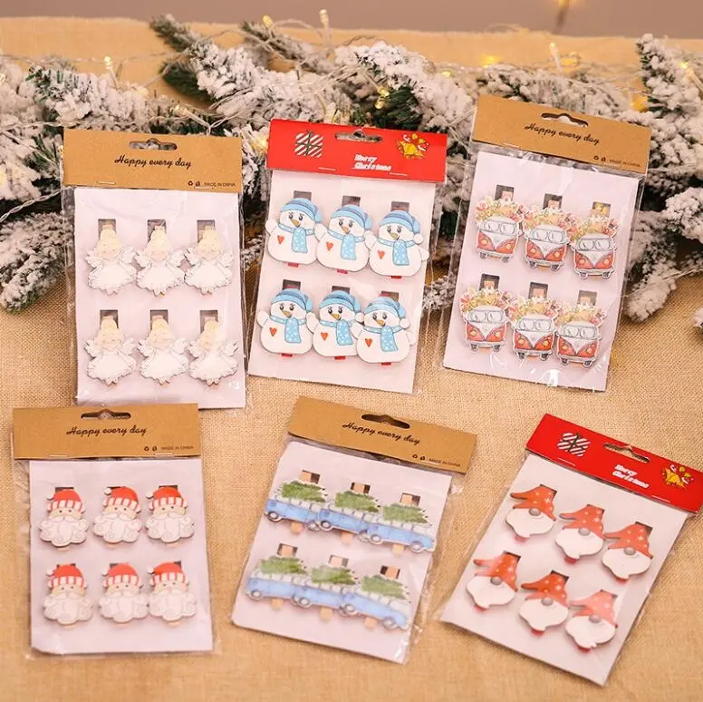 6 Stks/set Mini Houten Kleren Photo Paper Peg Pin Wasknijper Craft Clips Rode Kerst Kerstman Engel Sneeuwpop Auto Hout clips