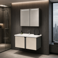 Meuble de salle de bain de luxe mural en aluminium alvéolé avec grand lavabo en céramique et ensemble d'éclairage