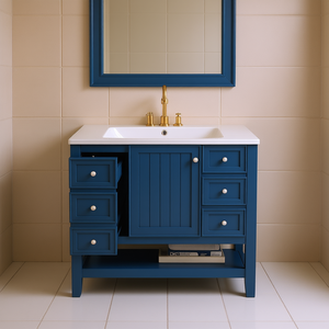Meuble de salle de bain 36 pouces en bois massif avec lavabo en céramique, un placard, trois tiroirs, style traditionnel, finition peinte en bleu - Product Image 2