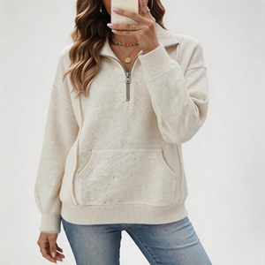 Private Label <span class=keywords><strong>Damen</strong></span> Halbzip-<span class=keywords><strong>Pullover</strong></span> Creme Pailletten-Gepunkteter Strickpullover mit Kängurutasche Locker Geschnittener Langarm-<span class=keywords><strong>Pullover</strong></span> mit Gerippten Bündchen - Product Image 1