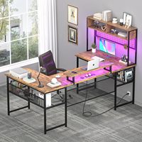 Bureau de jeu et de bureau portable en MDF et métal, convertible en forme de L, avec prises électriques intégrées, bande LED et support d'écran