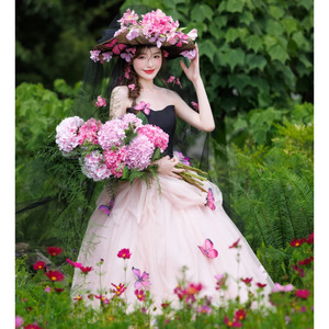 Mori Girl Style Strapless Pink Tulle Wedding Dress Ball Gown Natural Waistline Butterfly Embroidery Photo Shoot Attire - Product Image 2
