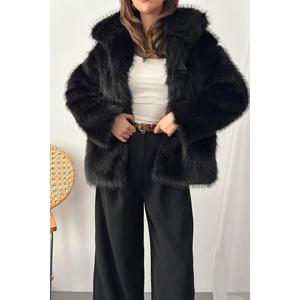 Abrigos de piel sintética negros delgados al por mayor, abrigos cortos tipo blazer con botones decorativos, ropa exterior de nailon y lana, chaqueta tejida con estampado. - Product Image 3