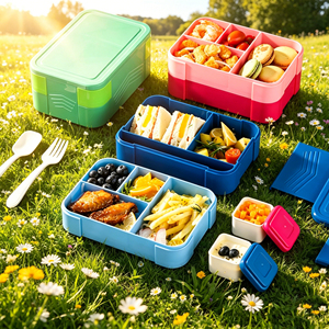 6 <b>Compartment</b> Bento <b>Box</b> PP5 Microwave Safe Leakproof <b>Lunch</b> <b>Box</b> <b>With</b> Fork Spoon Sauce Container Custom Logo For Office School - Product Image 1