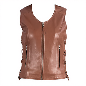 Gilet en cuir véritable respirant et coupe-vent pour femme, collection Automne-Hiver 2026, style petite fragrance, col rond, sans manches, veste d'extérieur - Product Image 4