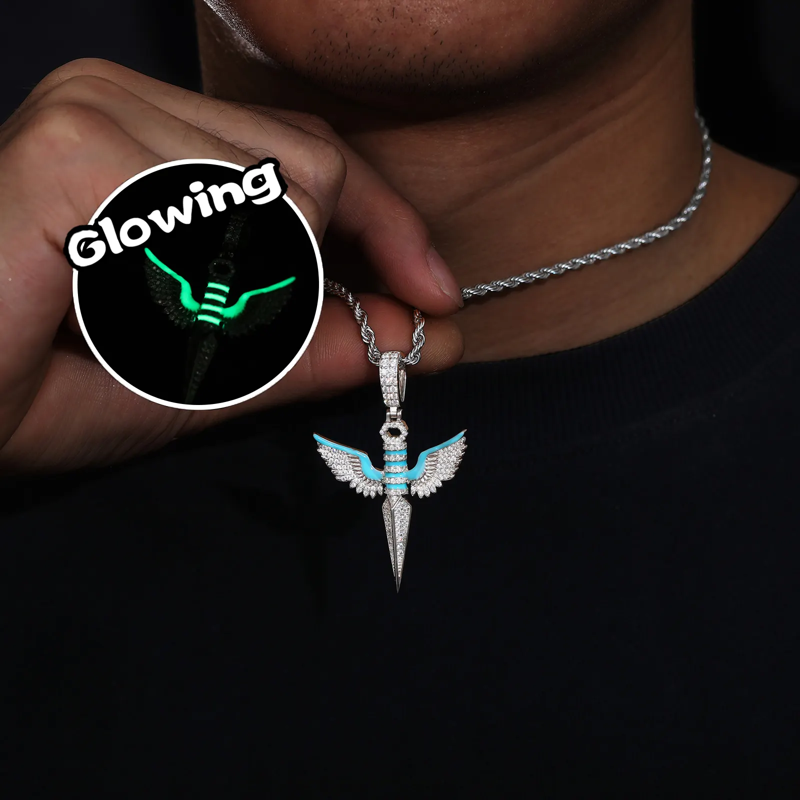 Glow In The Dark Series Pass Diamond Tester Moissanite Dagger Wing Pendant Iced Out Men's Hip Hop Jewelry Charm Necklace