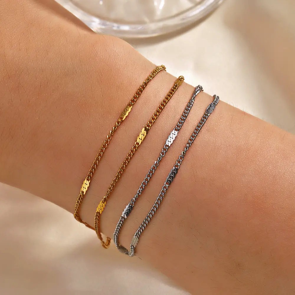 NUORO Beliebte Edelstahl Gold Silber Farbe Dünne Kette Damen Armband Einfach verstellbare Doppels chicht Ketten armbänder