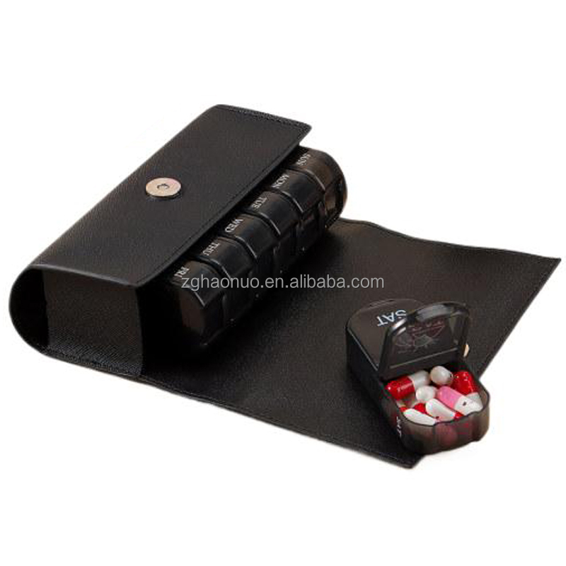 Factory Black Premium Medicine Storage Box Portable Moisture-proof 7 Days 14 Compartments Pill Organizer with Leather outer bag