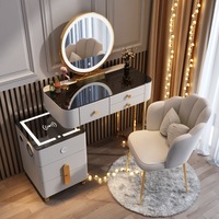 Commode de chambre de style nordique de luxe, avec tiroirs multi-niveaux et miroir de maquillage LED, coiffeuse intelligente à chargement sans fil