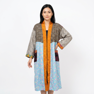 Indian Vintage Recycled Silk Sari Kimono Women's Robe Floral Pattern Drawstring Closure for Beach Party Bikini Cover Bridal - Product Image 1