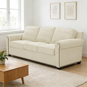 أريكة زاوية تشيسترفيلد من الكتان رائجة البيع، أريكة خشبية حديثة كبيرة بثلاثة مقاعد قابلة للتحويل إلى سرير مع زخارف معدنية وذراعين ملفوفين، يمكن تخصيص الحجم - Product Image 3