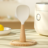 Cuillère de cuisine antiadhésive en silicone avec manche en bois, colorée, pour cuisson du riz, outils de pâtisserie, compatible lave-vaisselle, best-seller