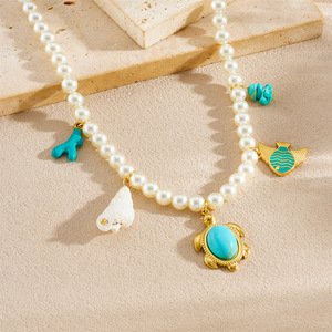 European American Style Ocean Theme Gold Plated Pearl Necklace With Turtle Fish Shell Charms Turquoise Pendant Everyday Wear - Product Image 2